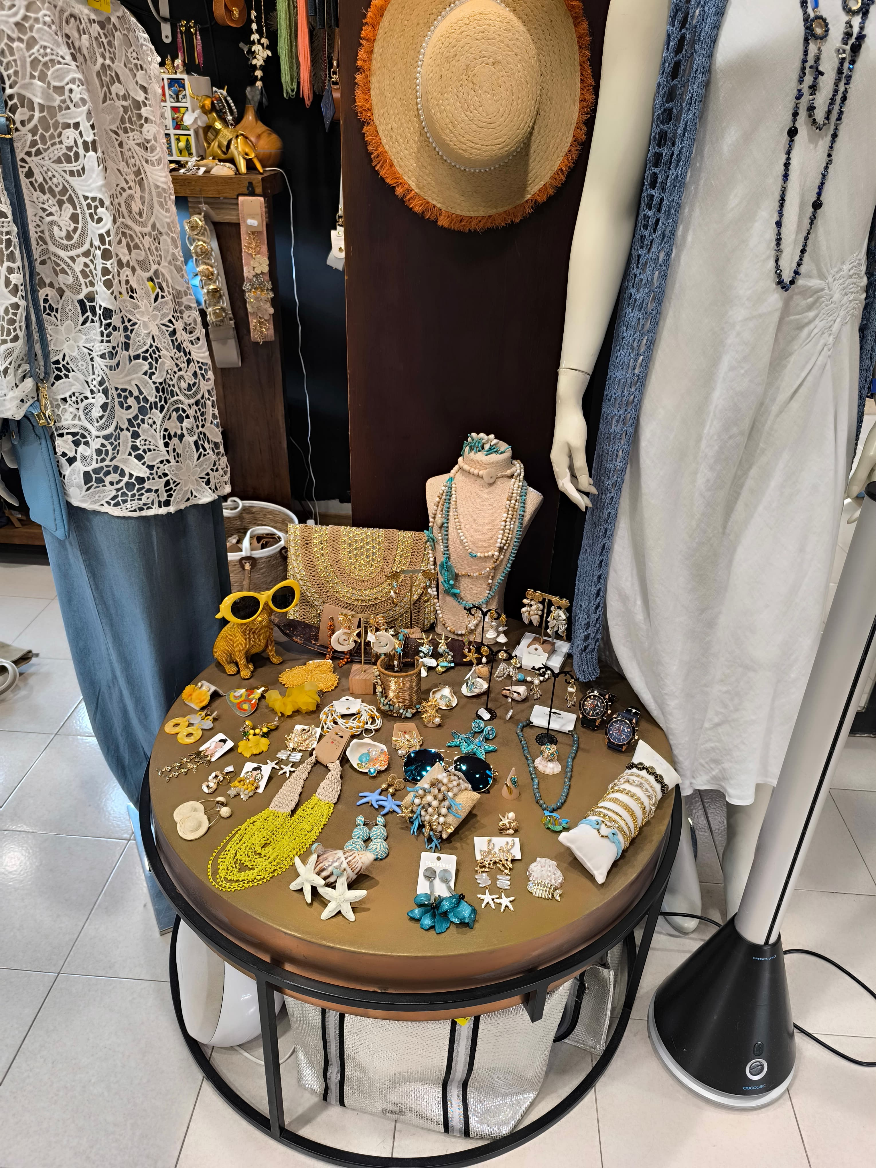Close-up of jewellery on a display table